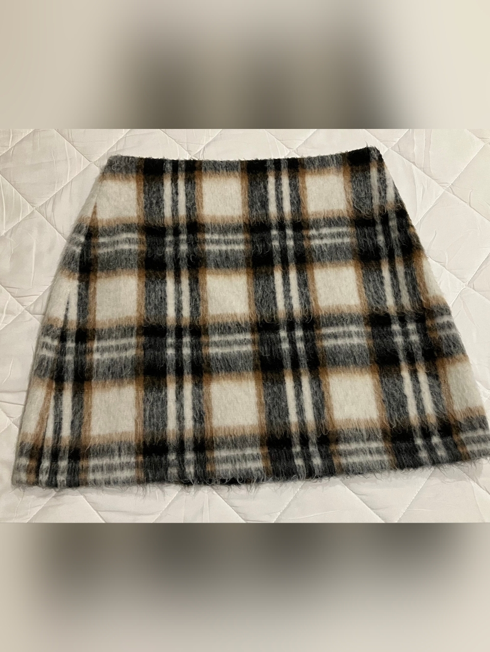 LOFT Plaid Faux-Fur Mini Skirt in Cream, Black and Tan